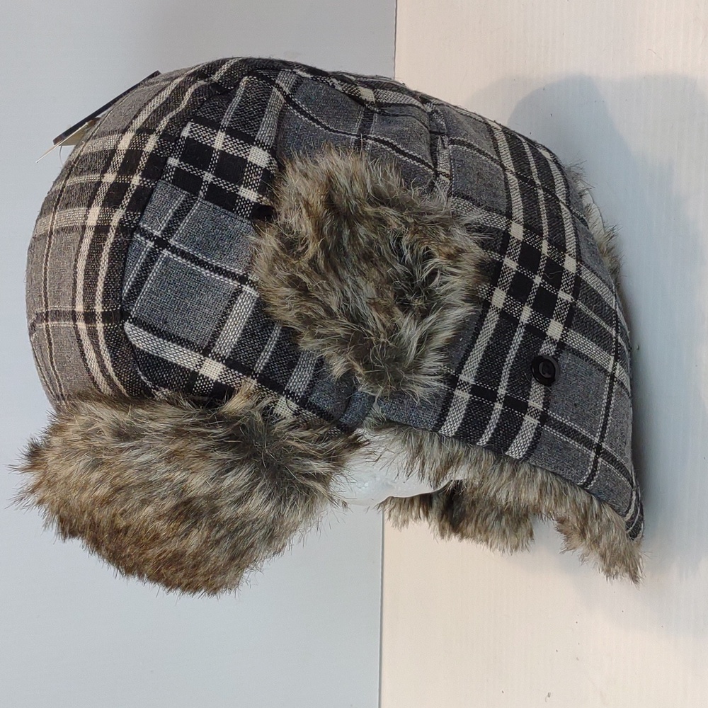 Outdoor Life Black Plaid Faux Fur Trapper Bomber Winter Hat S/M NWT - Picture 9 of 16